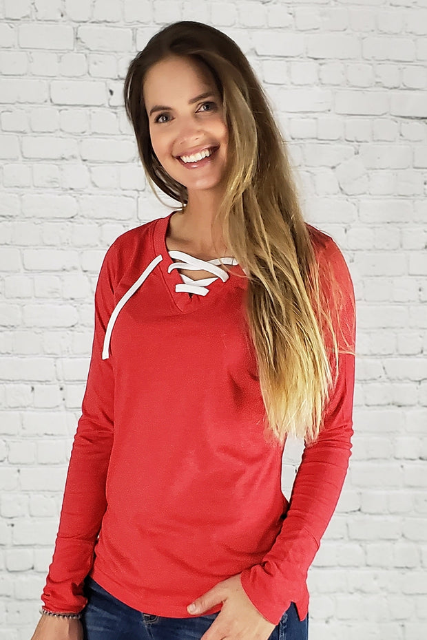 Do Good Lace-Up Long Sleeve Tee (red)